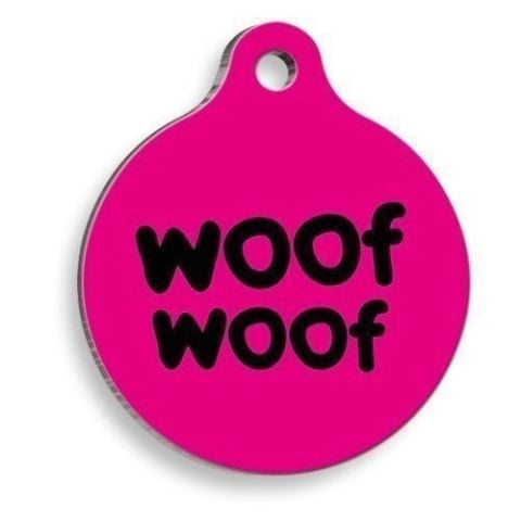 Schlichte, runde Hundemarke „Woof“.