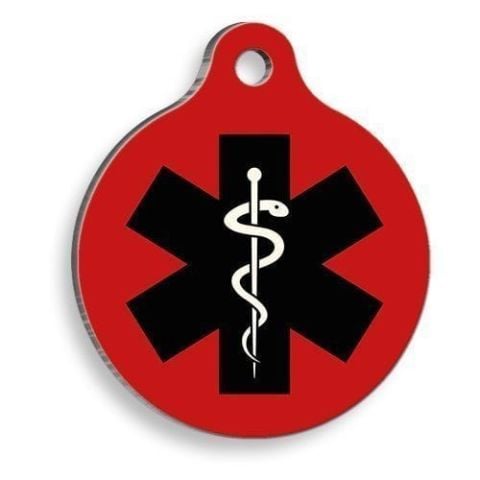 Runde Katzen- und Hundemarke mit medizinischem Aufdruck