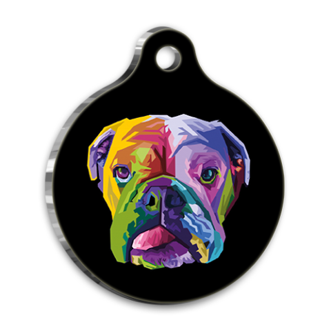 Pop-Art-Illustration, runde Hundemarke mit englischer Bulldogge