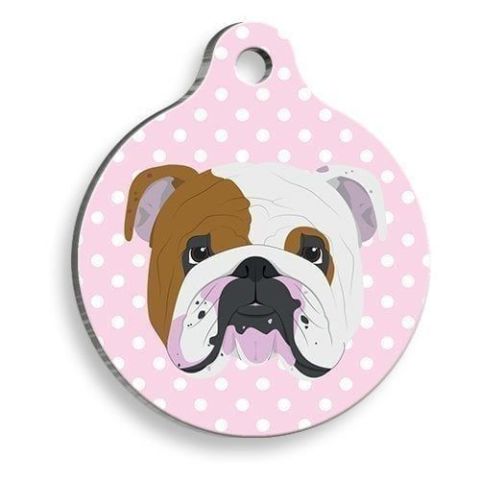 Runde Hundemarke mit rosa Polka Dots und englischer Bulldogge