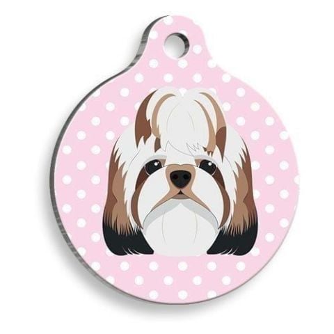 Runde Hundemarke mit rosa gepunkteten Shih Tzu-Motiven